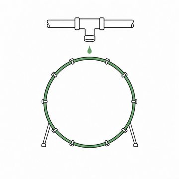 Line illustration: one drop of water hanging from a soldered copper pipe joint suspended above an enormous orchestral bass drum, the drop poised to land dead centre on the drum skin, the drum hoop and the single drop the accent colour