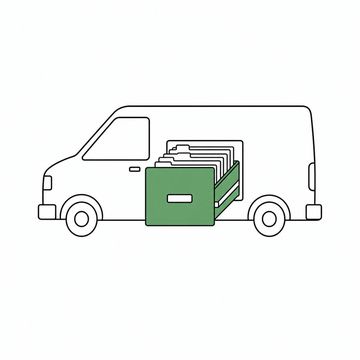 Line illustration: a plain panel work van seen side-on with a full filing-cabinet drawer pulled out of its flank, packed with upright file folders, the van's panels and the folders completely blank and unmarked with no lettering or numbers anywhere, the open drawer the accent colour