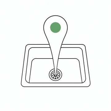 Line illustration: an oversized map pin standing upright in an empty stainless-steel kitchen sink with its spike driven down the plughole, nothing else in the basin and no lettering anywhere, the pin's round head the accent colour