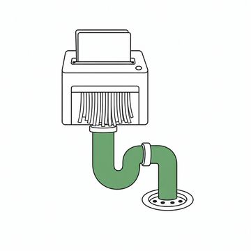Line illustration: a desktop paper shredder mounted directly over a chrome P-trap that runs away into a floor drain, plain blank unmarked sheets feeding in at the top, the P-trap the accent colour