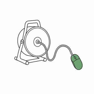 Line illustration: a plumber's drain auger drum with its cable spooled out in a long loose curve and, where the cutting head should be, a computer mouse, the drum, cable and mouse plain with no lettering, symbols or maker's marks anywhere, the mouse the accent colour