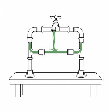 Line illustration: a short freestanding rig of copper pipe, elbows and tees standing on a workbench and plumbed in a closed loop back into itself, its one chrome tap running straight into its own supply, no stamps, lettering or numerals anywhere on the fittings, the running tap and its stream the accent colour