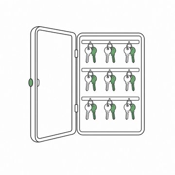 Line illustration: a wall-mounted key cabinet standing open with a duplicate key already cut and hanging beside every original, two identical keys on every single hook, all fobs and tags blank with no lettering or numbers anywhere, the duplicate keys the accent colour
