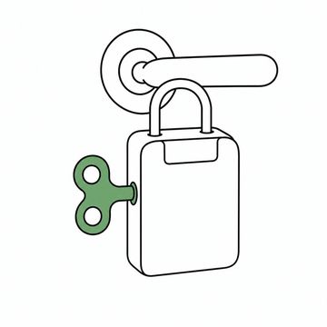 Line illustration: a realtor's key lockbox hanging from a front-door handle with an oversized clockwork wind-up key protruding from its side, the lockbox dial and body entirely blank with no numerals or lettering, the wind-up key the accent colour