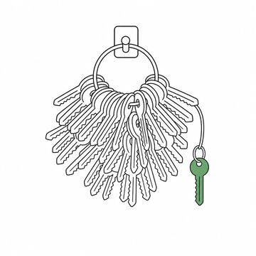 Line illustration: a key ring so overloaded with identical blank keys that it hangs from its hook like a bristling ball, one small key hanging on its own beside it, no lettering, numbers or tags anywhere, the lone small key the accent colour