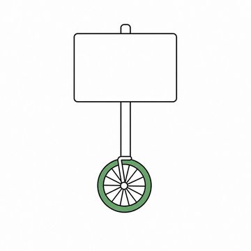 Line illustration: a rectangular vacancy board on a lawn stake with a completely blank face carrying no lettering, its stake ending in a single bicycle wheel instead of a ground spike, the wheel the accent colour