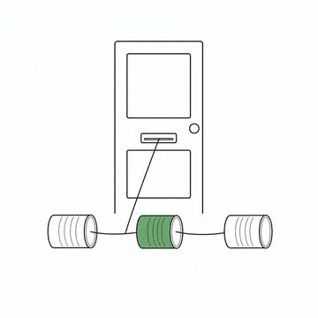 Line illustration: three plain unmarked tin cans strung along one taut length of string that runs in through the letter-slot flap of a closed front door, the middle can the accent colour