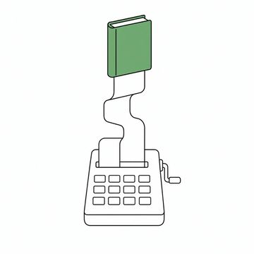 Line illustration: a desktop adding machine with blank unmarked keys, its paper tape unspooling upward and folding itself into a small bound hardback book whose cover and spine are entirely blank with no lettering or numerals anywhere, the book the accent colour
