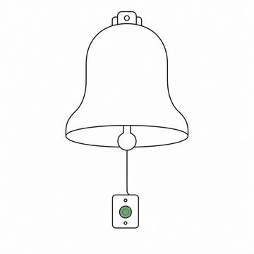 Line illustration: a small doorbell push on a plain wall plate wired by one thin cable to an enormous cast bell hanging directly above it, every surface unmarked with no lettering, the doorbell push the accent colour
