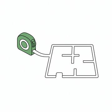 Line illustration: a retractable tape measure lying on the floor with its blade extended and bent around into the outline of a small apartment floor plan, the blade completely blank with no numerals or graduation markings, the tape measure case the accent colour