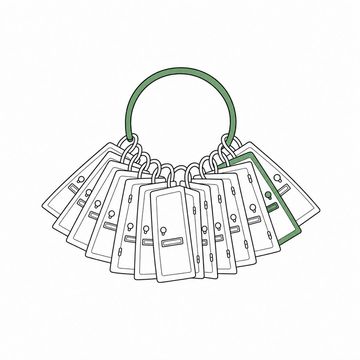 Line illustration: a single key ring hung with a dozen miniature front doors instead of keys, each with its own knob, hinges and letter slot, all of them blank with no numerals or lettering, the ring and one of the doors the accent colour
