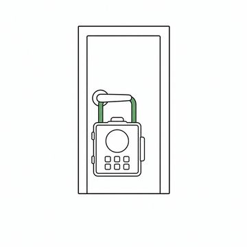 Line illustration: an estate agent's key lockbox the size of a suitcase hanging from the handle of an ordinary door, its dial and keypad faces entirely blank with no numbers, letters or markings, the lockbox shackle the accent colour