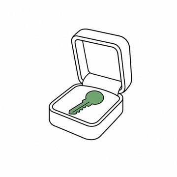 Line illustration: a single house key lying in an opened velvet ring box on a bare surface with the hinged lid standing up behind it, the key's bow completely plain with no lettering, numbers or tags on it, the key the accent colour