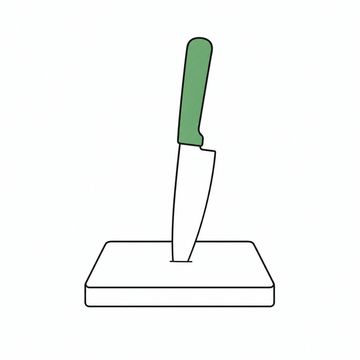 Line illustration: an oversized chef's knife sunk halfway through a thick wooden chopping board under nothing but its own weight, standing there alone on the board, no maker's marks, letters or numbers on the blade, the knife's handle the accent colour