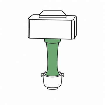Line illustration: an espresso tamper the size of a sledgehammer resting head-down in a small portafilter basket it completely dwarfs, both entirely plain with no lettering, numbers or maker's marks anywhere, the tamper handle the accent colour