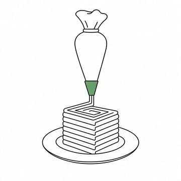 Line illustration: a pastry piping bag squeezed above a plain white plate, its nozzle extruding a perfectly square-sectioned ribbon of icing that stacks itself into a neat cube, no lettering or numerals anywhere, the nozzle the accent colour