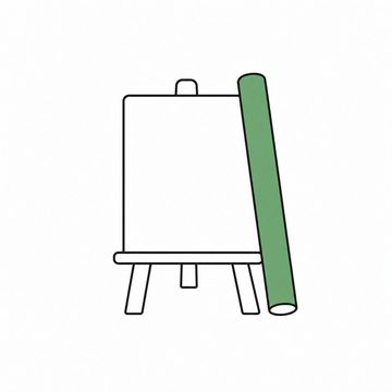 Line illustration: a small chalkboard specials easel with a stick of chalk taller than the board itself leaning against it, the board wiped completely blank with no lettering, letters or numbers anywhere on it, the chalk the accent colour