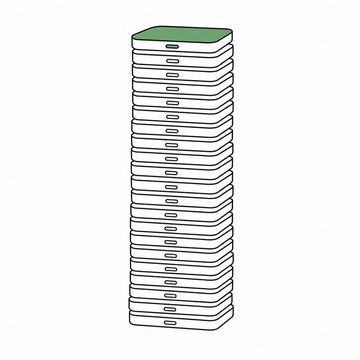 Line illustration: a teetering column of two dozen identical restaurant guest pagers stacked like coasters, all of them entirely blank with no lettering or numbers, the pager at the top of the stack the accent colour