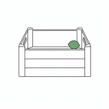 Line illustration: a full-size wooden produce crate, bare and unstencilled with no lettering on it, empty apart from one single lime resting in a corner, the lime the accent colour