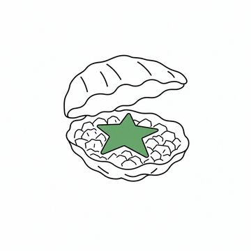 Line illustration: an opened oyster shell on crushed ice holding a single five-pointed star where the pearl should be, the star the accent colour