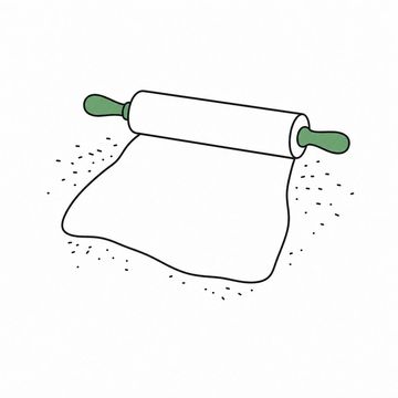 Line illustration: a wooden rolling pin rolling out a sheet of blank paper on a floured bench as though it were pastry, the paper entirely bare with no lettering or numbers on it, the rolling pin handles the accent colour