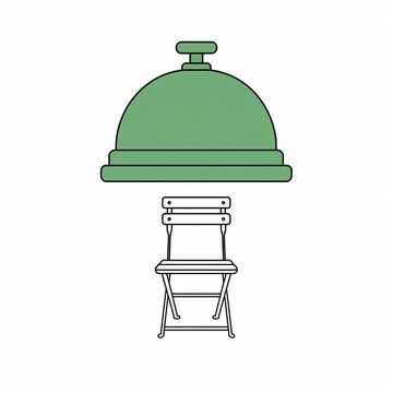 Line illustration: an outsized cast dinner bell hanging directly above one small empty bistro chair, the bell wider than the chair is tall, nothing cast or engraved into it, the bell the accent colour