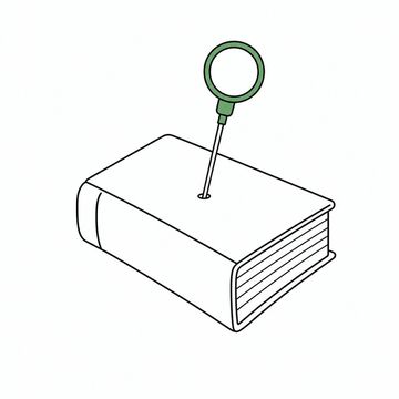 Line illustration: a chef's probe thermometer pushed into the centre of a thick closed hardback book as if testing a roast, the cover completely bare and the dial entirely blank with no lettering or numbers, the thermometer the accent colour