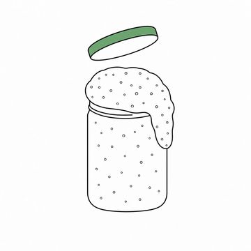 Line illustration: a glass jar of sourdough starter risen so far that it has lifted its lid clear of the rim and is folding over the side, the jar bare with no lettering on it, the lid the accent colour