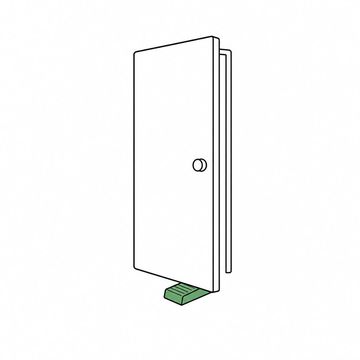 Line illustration: a single closed door standing free on a bare floor with no wall or frame around it, a rubber wedge doorstop already jammed underneath holding it a hand's width ajar, no lettering, numbers or signage anywhere, the doorstop the accent colour
