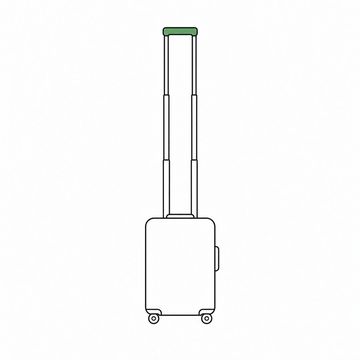 Line illustration: a wheeled cabin suitcase standing upright with its telescopic pull handle extended straight up to three times the height of the case, the case blank with no labels, tags, lettering or numbers anywhere, the handle grip the accent colour