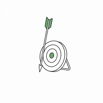 Line illustration: a full-length archery arrow leaning point-down against a straw target no bigger than a drinks coaster propped on a desk stand, the target rings plain with no lettering or numerals, the innermost ring the accent colour