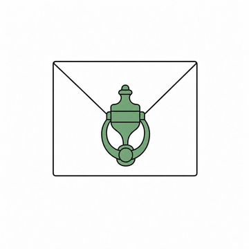 Line illustration: a plain sealed envelope standing upright with a heavy brass door knocker mounted on its front, the envelope completely blank with no address or lettering of any kind, the door knocker the accent colour