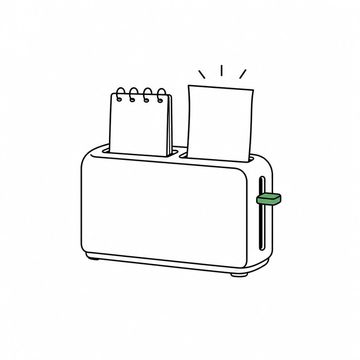Line illustration: a chrome pop-up toaster with a spiral-bound notepad standing in one slot and a single blank page sprung up hot from the other, the page bare with no lettering on it, the toaster's lever the accent colour