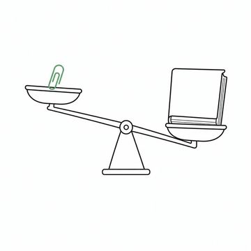 Line illustration: a two-pan balance scale holding a thick bound proposal on one pan, lifted high and outweighed by one small paper clip on the other pan, the proposal cover blank with no lettering, the paper clip the accent colour