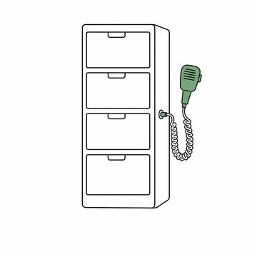Line illustration: a four-drawer office filing cabinet with a handheld dictation microphone plugged into its side on a coiled cord, every drawer front blank and unmarked with no lettering anywhere, the microphone the accent colour