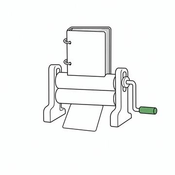 Line illustration: a hand-cranked mangle with a fat ring binder feeding into its rollers from above and one small index card emerging underneath, both of them blank with no lettering, the crank handle the accent colour