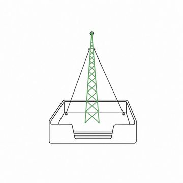 Line illustration: a slender lattice radio mast planted upright in an office in-tray, its guy wires anchored to the four corners of the tray, the mast the accent colour