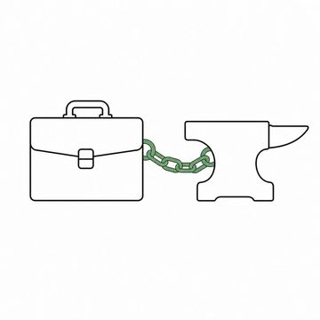 Line illustration: an executive briefcase cuffed by a short heavy steel chain to a cast-iron anvil standing beside it, the case and the anvil left entirely plain with no lettering, numbers or maker's marks, the chain the accent colour