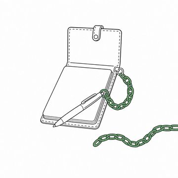 Line illustration: a leather-bound order pad lying open with a ballpoint pen tethered to it by a heavy ship's anchor chain that coils across the page and off the edge, the pages, cover and pen bare with no writing, lettering or numbers, the chain the accent colour
