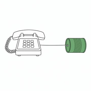 Line illustration: a full-size desk telephone standing on a bare surface with its handset cord running out to a tin can on a taut string instead of to a wall socket, no lettering, numerals or dial markings anywhere on the telephone or the can, the tin can the accent colour