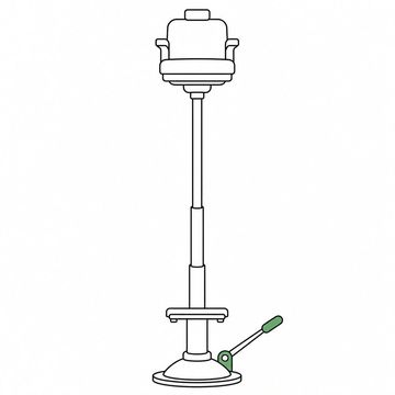 Line illustration: an empty barber's chair whose hydraulic pedestal has already been pumped to its absolute limit so the seat rides absurdly high above its own footrest, nothing else in the frame and no lettering anywhere, the foot pump lever the accent colour