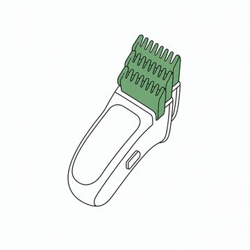 Line illustration: a pair of barber's clippers lying flat with three plastic guard combs stacked one on top of another on the blade at the same time, everything plain with no lettering, numbers or size markings anywhere, the three stacked guards the accent colour