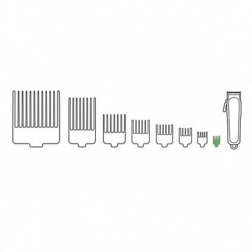 Line illustration: a set of clipper guard combs laid out in a descending row from one the size of a shoebox down to one the size of a thumbnail with the clippers themselves at the end, every guard smooth and unmarked with no numbers or lettering, the smallest guard the accent colour