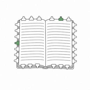 Line illustration: an appointment book lying open, its ruled pages completely blank with no lettering or numbers anywhere, every single line pegged with a small sectioning clip until the book bristles with them, two of the clips the accent colour