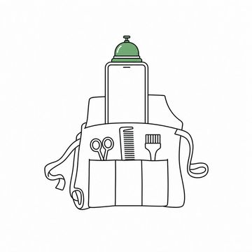 Line illustration: a stylist's apron folded so its tool pocket faces front, a smartphone standing upright in the pocket with a small brass reception counter bell mounted on top of it, the phone screen blank and free of any lettering or numbers, the counter bell the accent colour