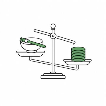 Line illustration: a colour-mixing bowl with its tint brush laid across it sitting on one pan of a brass balance scale, the other pan stacked with plain unmarked coins, the tint brush and the coin stack the accent colour