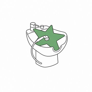 Line illustration: an oversized five-pointed star lying face up in a salon shampoo backwash bowl with the spray hose draped across it, the star the accent colour