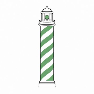 Line illustration: a barber's pole built to the proportions of a lighthouse, a glazed lamp room and small railing at its top and the spiral stripe running the full height, the lamp and the spiral stripe the accent colour