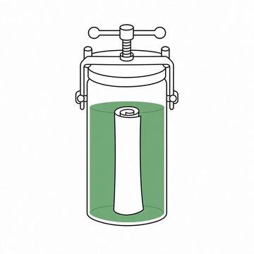 Line illustration: a tall glass salon disinfectant jar clamped shut under a heavy screw-down lid with one rolled sheet of blank paper standing inside where the combs should be, no lettering, numbers or label markings anywhere on the jar, the liquid in the jar the accent colour