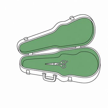 Line illustration: a single pair of hairdressing shears lying in the velvet-lined recess of a violin case far too large for them, the case propped open, its lining and shell bare with no lettering, labels, badges or maker's marks, the velvet lining the accent colour